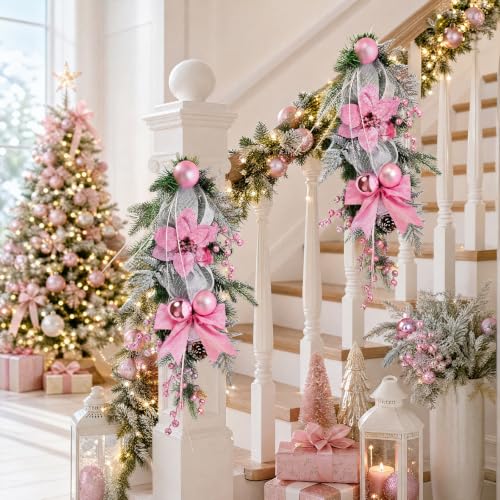 IPOPU Pink 2 Pack Christmas Teardrop Swags 25.5 Inch Decor with Bowknot & Berries