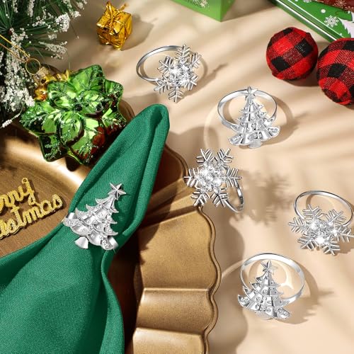 EBOOT 16 Pcs Red Christmas Napkins & Ring Set - Snowflake & Tree, Green