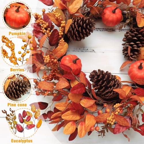 Large 26 Inch Fall Wreath with Lights & Timer for Front Door, Autumn Pumpkin & Eucalyptus Decor