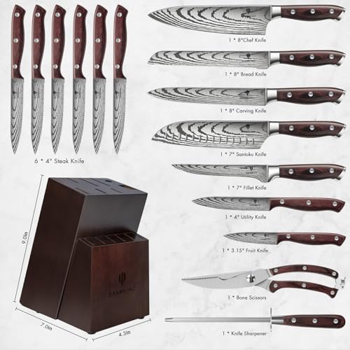 SANMEIHO Japanese Steel Knife Set with Block - 16 pcs Ultra Sharp Kitchen Knives