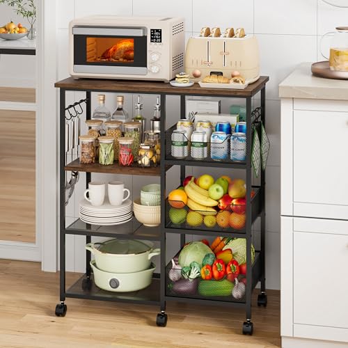 HapiRm Brown Rolling Kitchen Cart with Storage, Microwave Stand, 6 Hooks & 3 Baskets