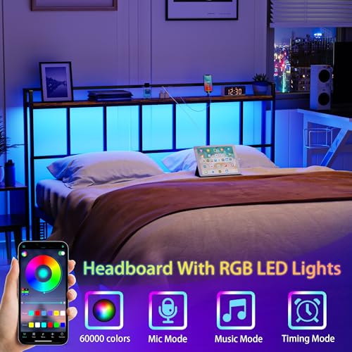 Queen Size Headboard with LED Lights USB Outlets & Storage Rack - Rustic Brown, Metal Frame