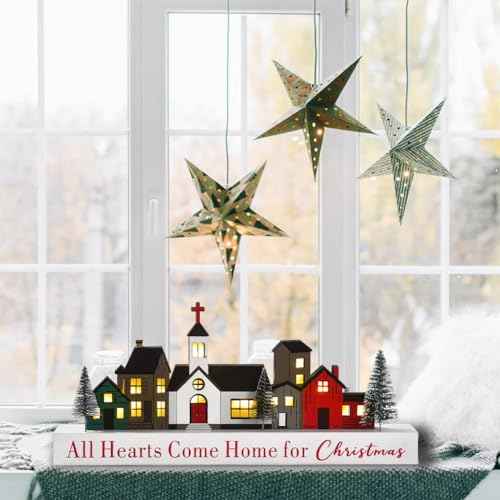 LED Lighted Christmas Village Decor, Rustic Wooden Merry Christmas Sign, Farmhouse Xmas Party Holiday Decor Centerpiece for Tiered Tray Mantel Home (6 buildings)