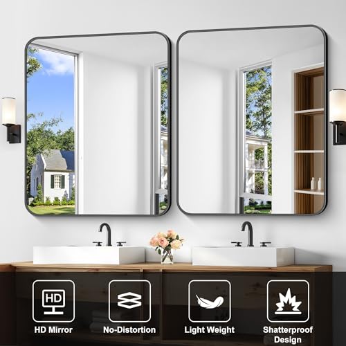 Bathroom Mirror, 36 x 30 inch Metal Framed Black Rectangle Rounded