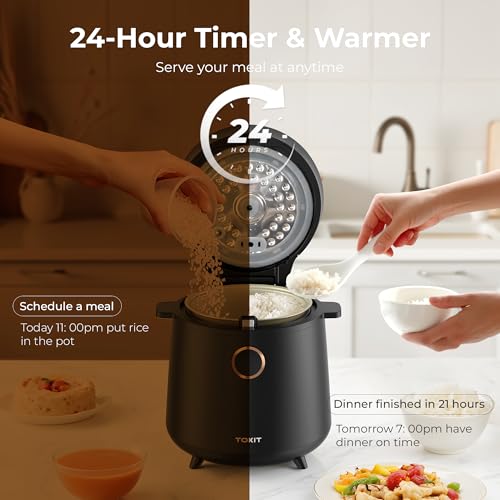Black TOKIT Mini Rice Cooker 3-Cup Capacity with 9 Presets, Portable Kitchen Appliance