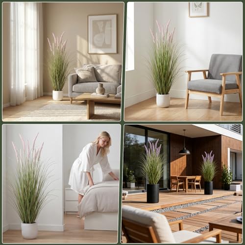 Crasraye 4FT Artificial Cattail Tall Grass Plant 2 Pack, Purple & Green Faux Reed Grass Decor