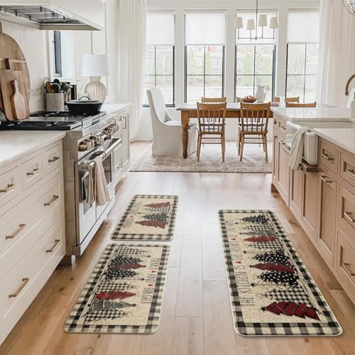Buffalo Plaid Christmas Kitchen Mats Set of 3 Non-Slip Floor Rugs Winter Decor