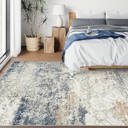 Blue Washable Area Rug 8x10 Abstract Large Living Room Floor Cover