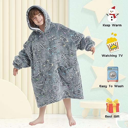 Kids Wearable Blanket Hoodie Oversized Sherpa Sleepwear with Glow in The Dark Game Controller Design - Mewkou 6-13YR Gamer Edition