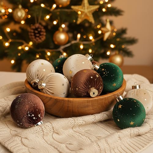Upgraded Brown & Green Velvet Christmas Tree Ornaments 15PCS - Shatterproof Holiday Decorations