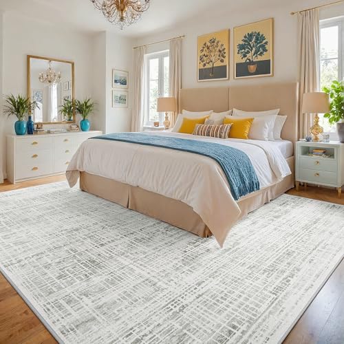 White Gray 8x10 Washable Area Rug - Non-Slip Modern Living Room & Bedroom