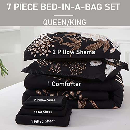 Yogeneg Black Floral 7-Piece King Bed in a Bag Comforter Set Botanical Bedding