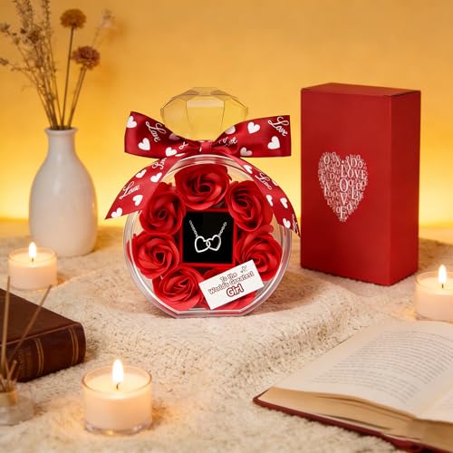Red Gifts for Girlfriend - Romantic Rose & Heart Necklace Set for Christmas, Valentines, Birthday