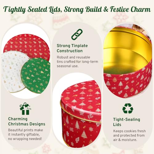 3 Pack Christmas Cookie Tins with Lids - Nesting Metal Storage Containers with Parchment Sheets