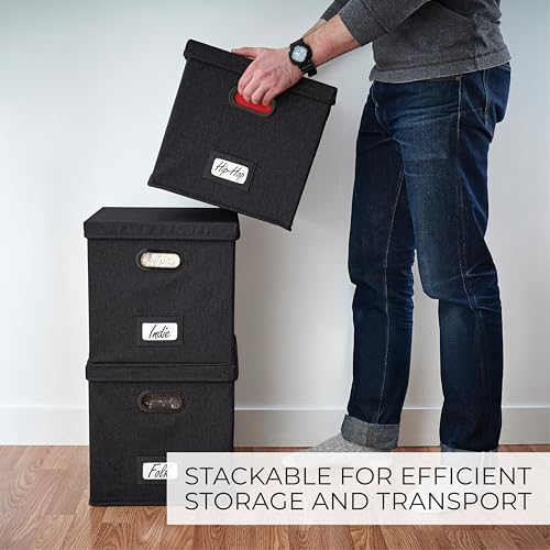 Black Vinyl Record Storage Box Set of 2 - LP Holder for 100+ Albums
