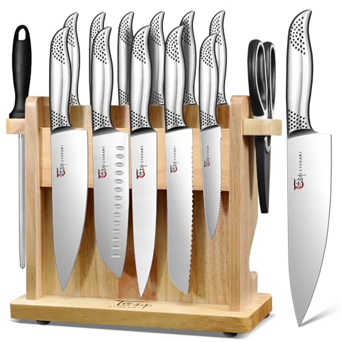 Black SYOKAMI Japanese Knife Set with Magnetic Block & Sharpener, 14 PCS
