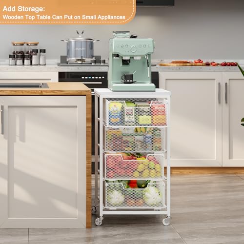 White 4-Tier Kitchen Storage Cart with Drawers and Wooden Top - Fruit and Vegetable Organizer with Wheels