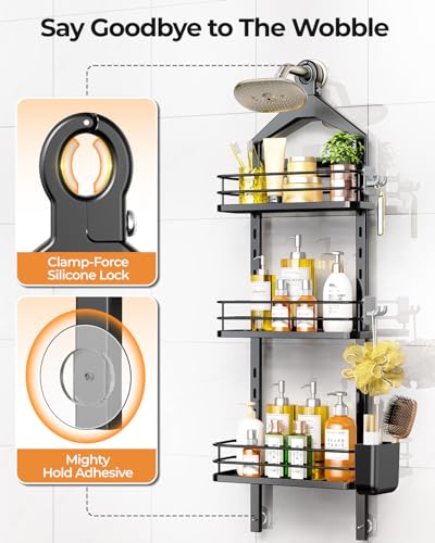 Adjustable Overhead Shower Caddy - 3 Tier Black Hanging Bathroom Organizer