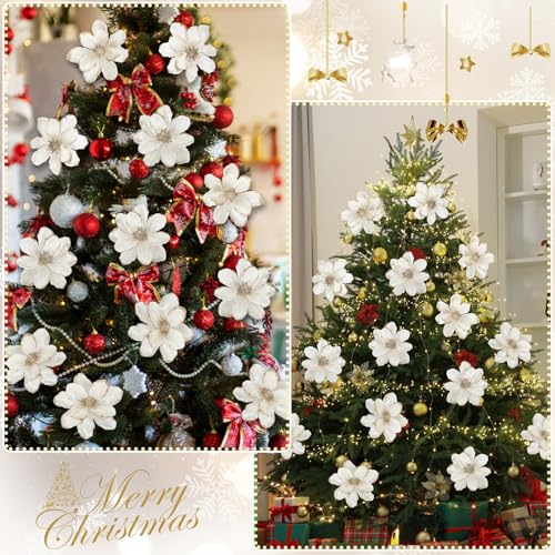 XunYee White Christmas Glitter Magnolia Flowers 6'' - 10 Pcs Holiday Decor