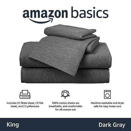 Amazon Basics King Cotton Jersey Bed Sheets Set - Dark Gray, Breathable & Stretchy
