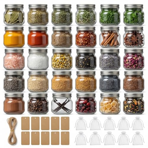Peokuaey 8oz Mason Jars with Airtight Silver Lids - 30 Pack Small Glass Jars Set with Labels, Twine & Mesh Bags - Wide Mouth Canning Jars for Favors & Crafts
