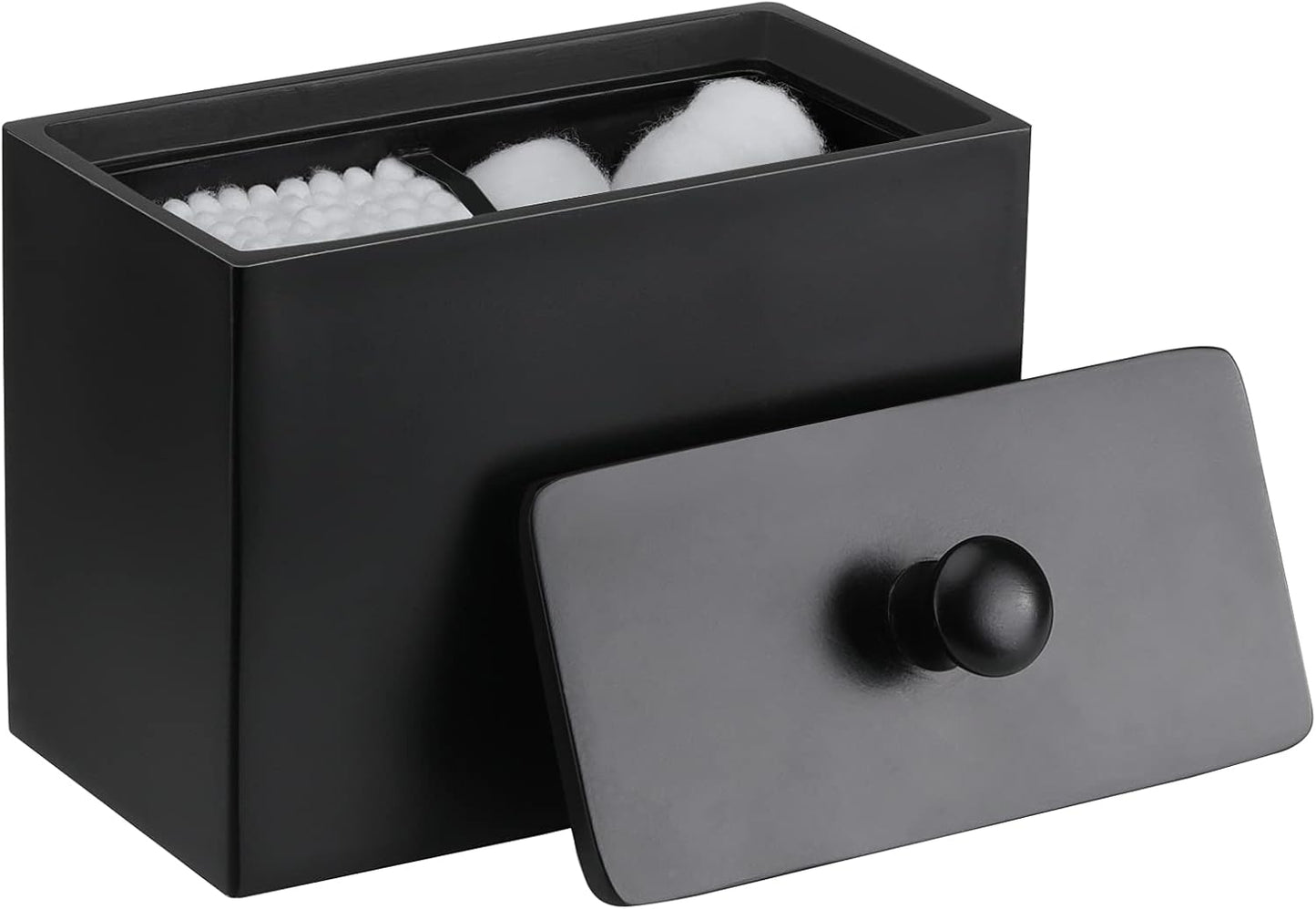 Luxspire Cotton Swab Holder - Stylish Qtip Dispenser with Lid & 2 Compartments | Matte Black Bathroom Organizer