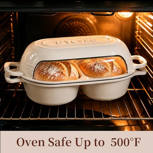 Enamelled Cast Iron Double Round Bread Loaf Pot with Lid - Cream White - 2 Chambers