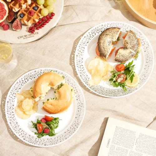 MATANA White & Silver 40-Piece Plastic Plate Set - Dinner & Salad, Reusable, Elegant