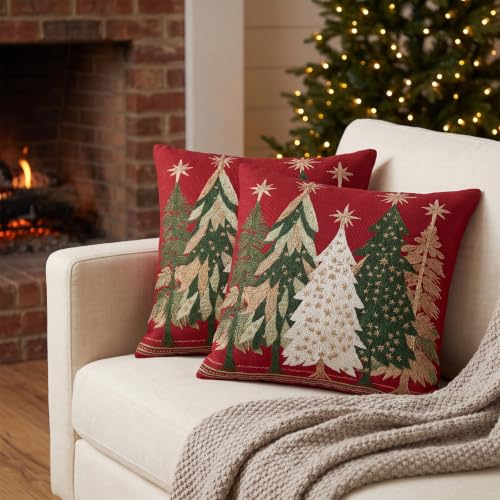 KiuLoam Red Christmas Pillow Covers 20x20 Set of 2 Gold Green Tree