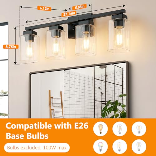 Bathroom Vanity Light Fixture - 27 Inch 4-Light Black Over Mirror - Modern Design with Glass Shades