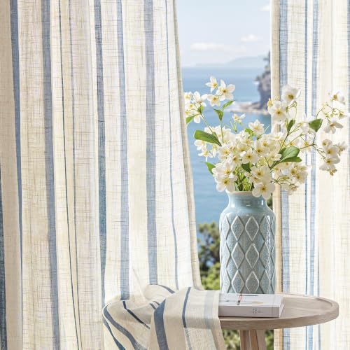 Ocean Tide Blue Linen Curtains 84 Inch Farmhouse Back Tab 2 Panels