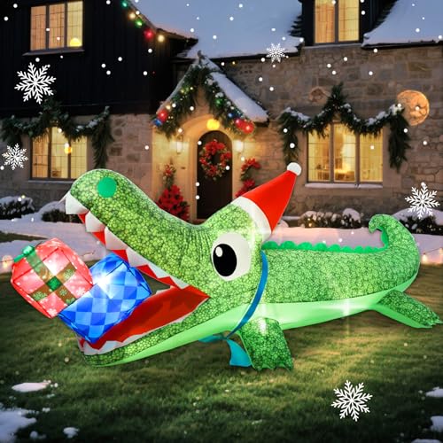Aotiooy 9.3 FT Christmas Inflatable Crocodile Yard Decor with LED Lights, Santa Hat & Gift Box