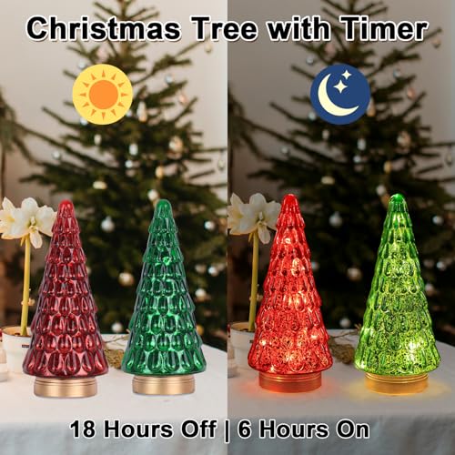 PHITRIC Red & Green Glass Christmas Trees with LED Timer - Indoor Holiday Decor, 2 pcs