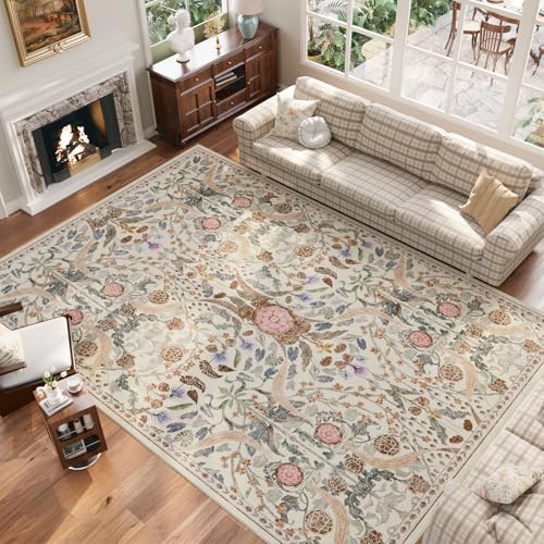 AMTOVO 8x10 Beige Washable Area Rug with Floral Vintage Design for Living Room & Bedroom
