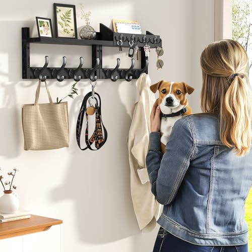 Black 29-Inch Wall Mount Coat Rack with Shelf & 11 Hooks - Entryway Organizer