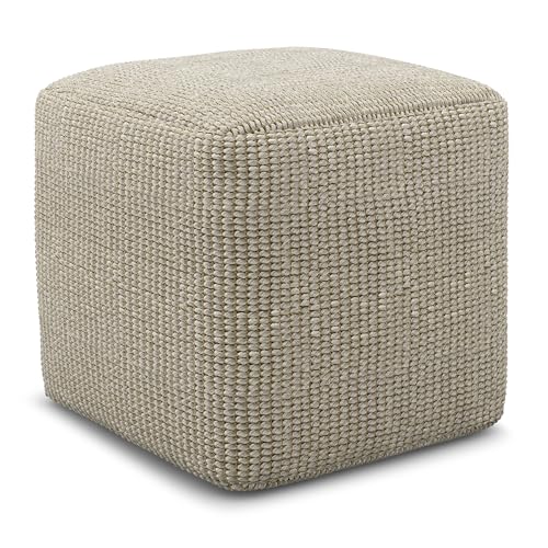 SIMPLIHOME Zelma 18-Inch Square Pouf in Cream/Natural Eco-Friendly PET Polyester - Indoor/Outdoor Supportive Seat