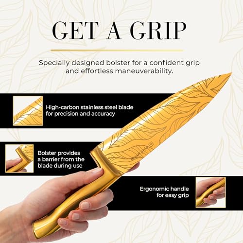 Styled Settings Gold Knives with Etched Leaves Pattern and Sharpener
