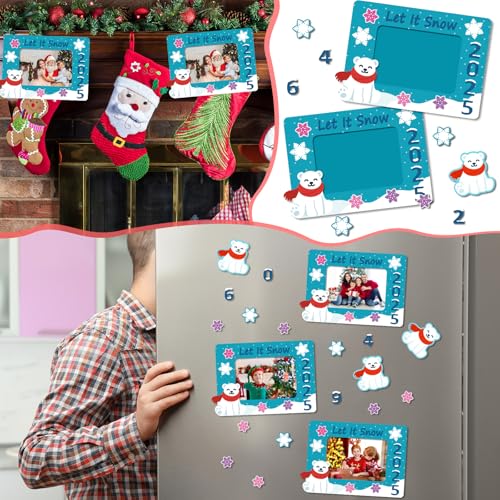 Menkxi 24 Sets Dated Winter Picture Frame Craft Kit Magnet Christmas Photo Frames with Snowflake Stickers Winter DIY Crafts for Kids Toddlers Xmas Gift Decorations Fun Holiday Party Activities