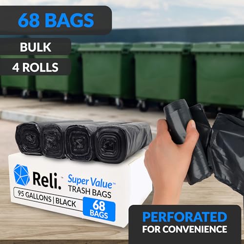 Heavy Duty 95 Gallon Trash Bags with Twist Ties - Leak-Proof, Tear-Resistant, 68 Count