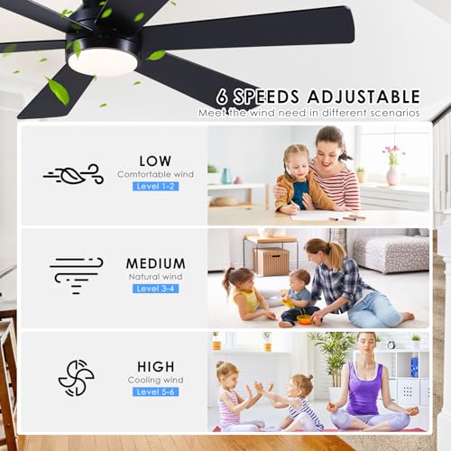 Asyko 46-Inch Black 6-Blade Modern Ceiling Fan with Light & Remote - Reversible Motor