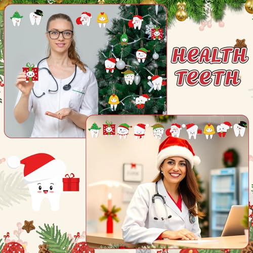 48Pcs Christmas Tooth Ornaments Set - Funny Wooden Dentist Holiday Decor