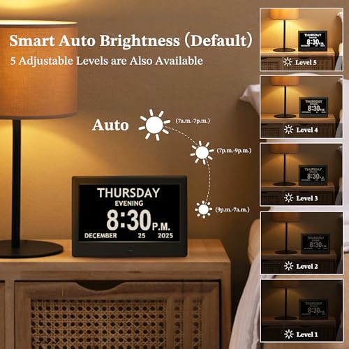 7-Inch Dementia Clocks for Seniors - Large Digital Display with Date & Time - Black Variation