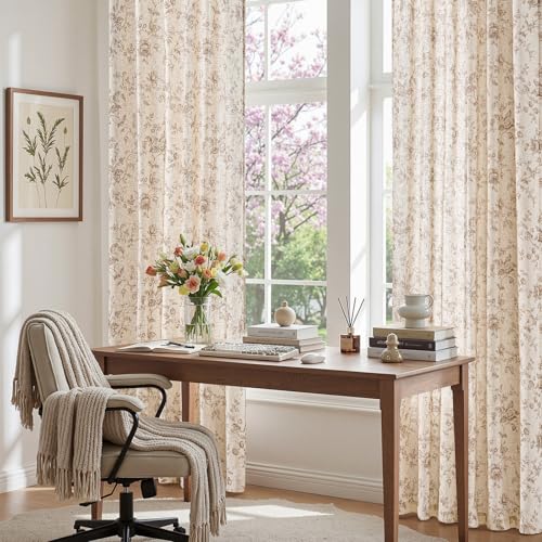 Amlie Taupe Linen Farmhouse Floral Curtains 84 Inch, 2 Panels, Rod Pocket - Pack of 2