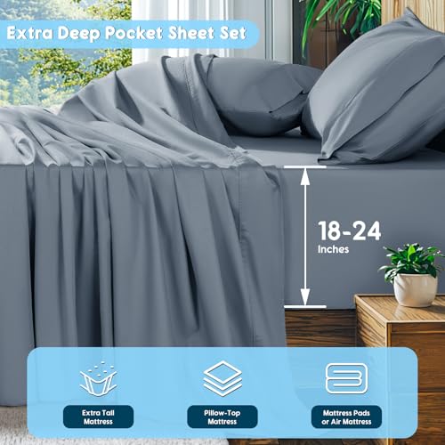 SONORO KATE 1000TC Egyptian Cotton King Sheets French Blue Extra Deep Pocket