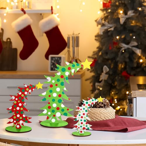 3 Pcs Lime Green Wooden Christmas Tree Tabletop Decorations Bendable Christmas Centerpieces for Table Polka Dot Freestanding Xmas Tree Table Sign Rustic Home Tiered Tray Decor for Holiday Party Decor