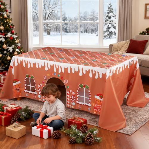 Breling Christmas Gingerbread Man Playhouse Tablecloth 11.8 x 8.5 ft - Holiday Party Decor