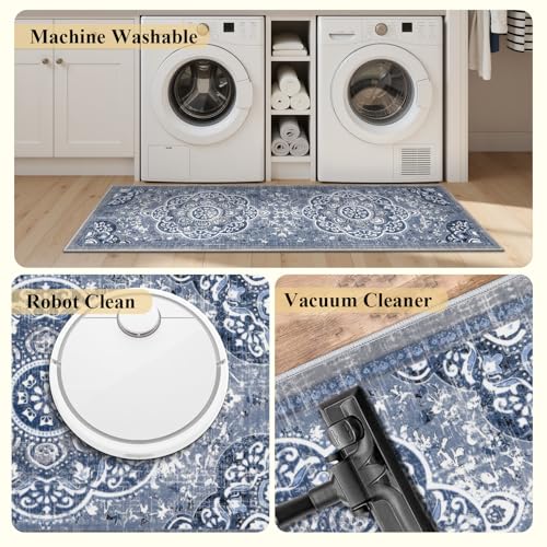 Ileading 3-Piece Kitchen Rug Set with Runner - Blue Floral, Non-Slip Washable Mats, 20x32/48/59 Inches