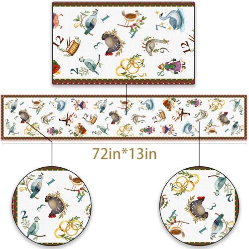 12 Days of Christmas Table Runner - Holiday Xmas Decor with Golden Rings & Doves