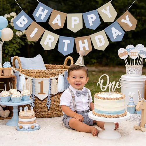 First Birthday Decorations for Boy Blue Khaki White Banner & Party Set