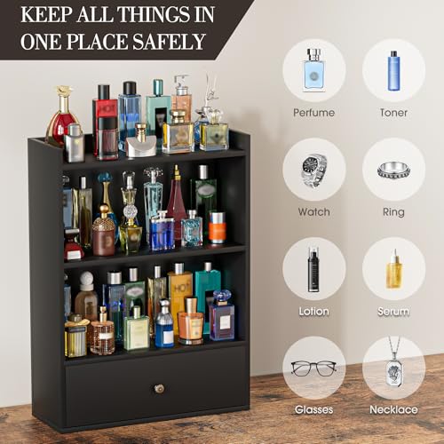 Wooden 3-Tier Cologne Organizer for Men with Drawer - Perfume & Accessory Storage